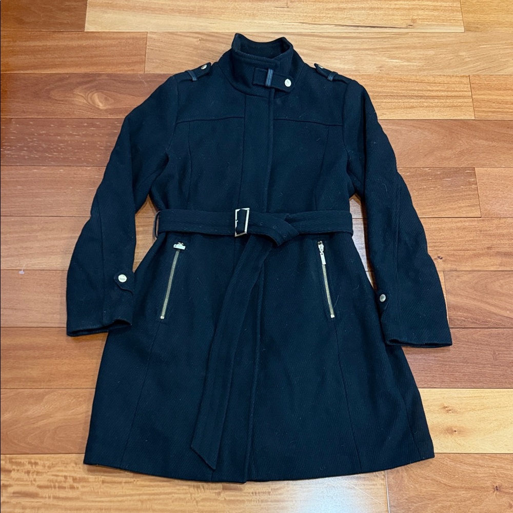 Cole Haan Black Wool Leather Trim Trench tailored fit Coat size 12